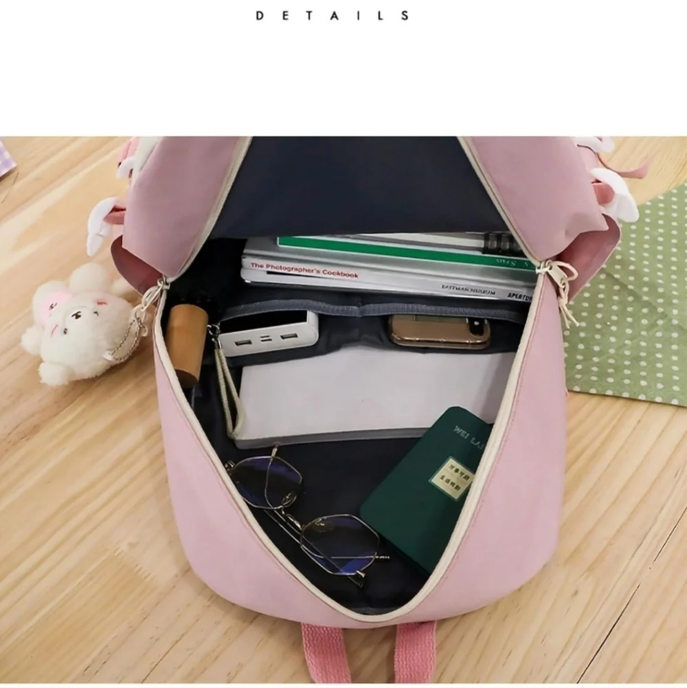 Pink and Cream Kids Backpack Set 5 piece kawaii school backpack cute women's bag
